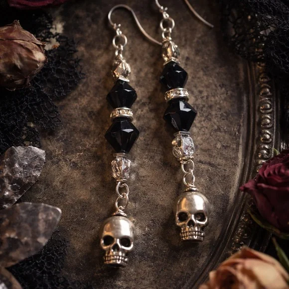🖤 Petals & Poison Skull Dangle Earrings – Black Crystal & Silver Tone - Picture 3 of 3